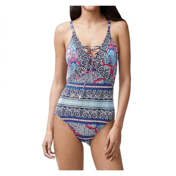 NEW TOMMY BAHAMA lace up one piece swimsuit in riviera tiles - Picture 1 of 3
